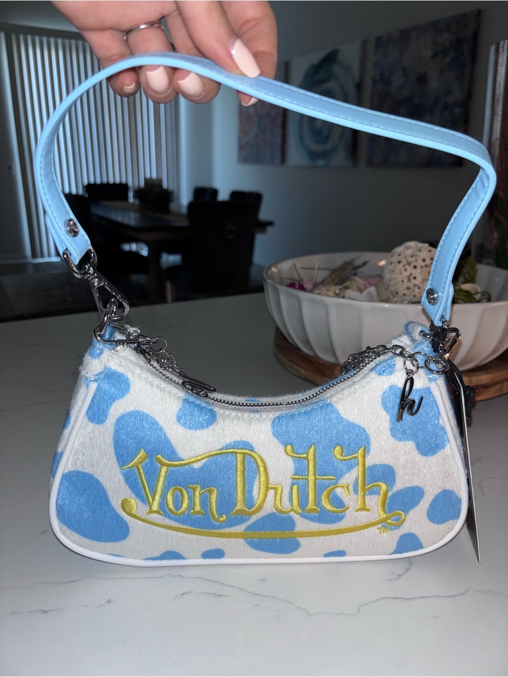 Von Dutch Blue and White Mini Shoulder Bag with Yellow Logo